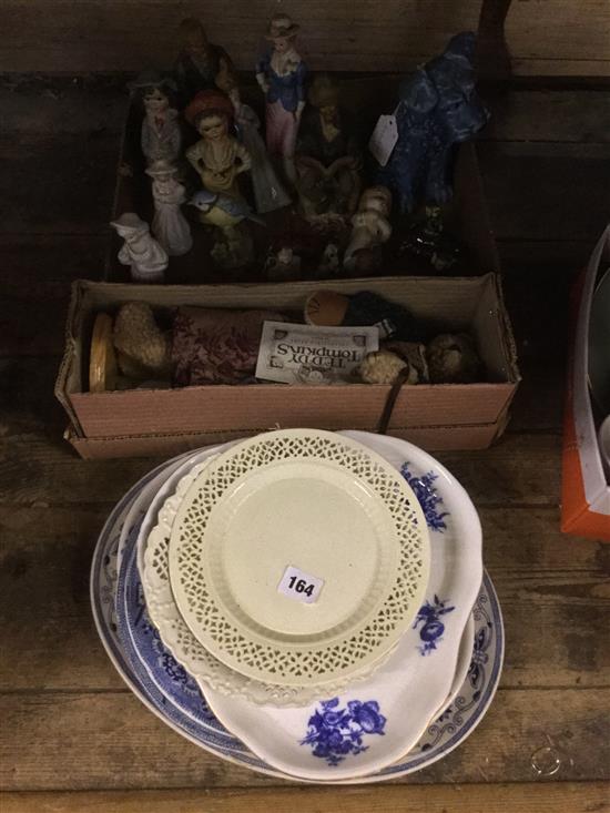 Sylvac seated blue terrier, sundry bisque and china figures and animals & a boxed Teddy Tompkins, Meissen style dish etc